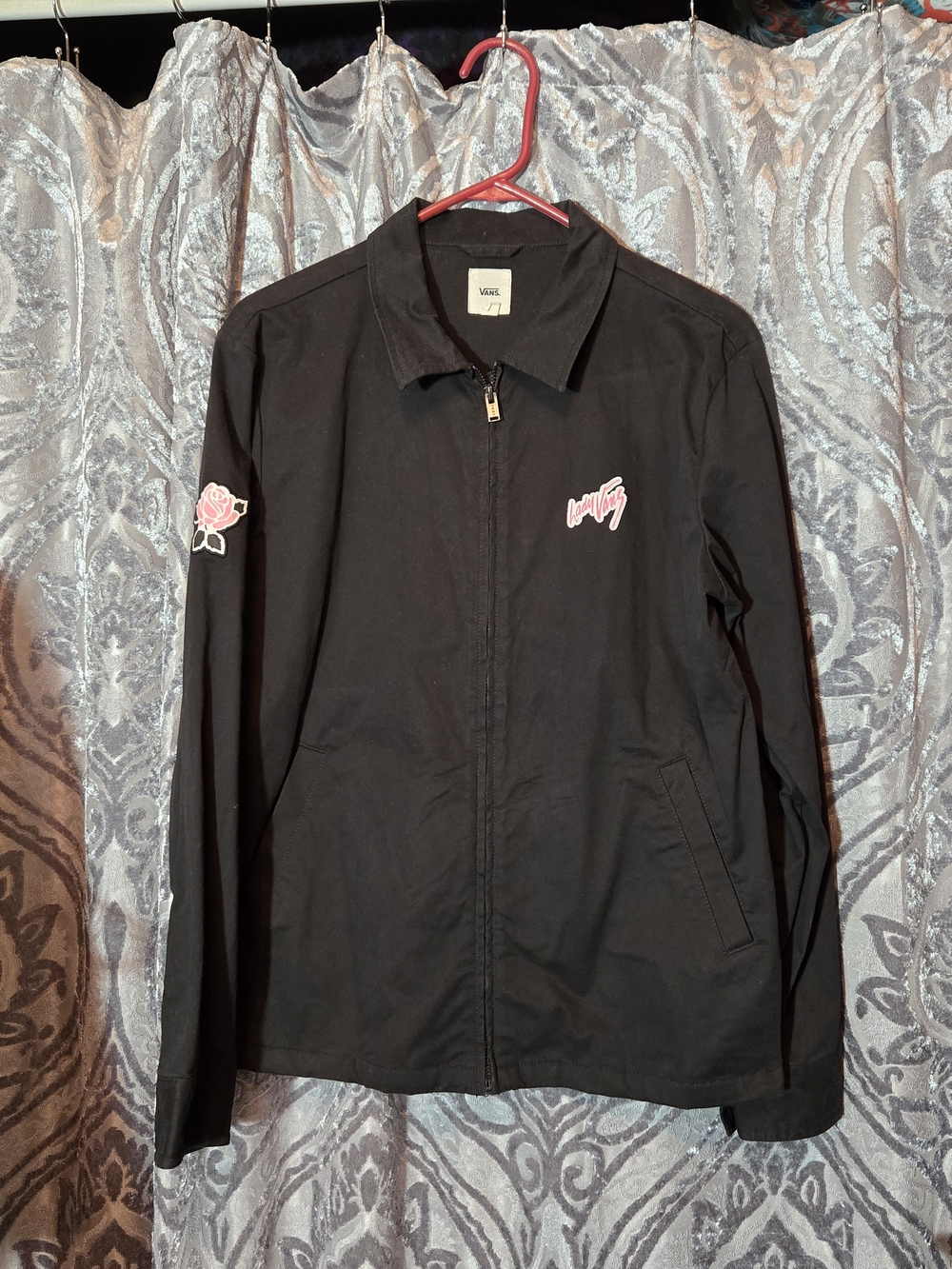 Vans Women's Black Zip-Front Jacket with Pink Rose Detail